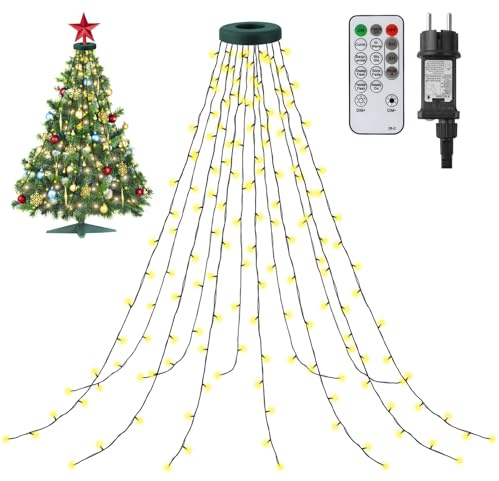 CNMTCCO Guirlande lumineuse de Noël, 2.5 m 300 LED Lumières de décoration de Noël blanc chaud 12 brins avec minuterie, 8 modes, étanche IP44, pour sapins de 150 à 240 cm Intérieur et extérieur