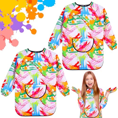 GSrenyu 2Pcs Kids Art Aprons for Age 7-12 Years Girls Boys,Waterproof Graffiti Painting Aprons Long Sleeves with Pockets,Kids Painting Smock Toddler Children,Play Apron for Painting,Craft,School,Pink