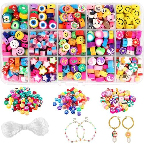 Set di 300 perline da infilare per bambini, braccialetti fai da te, perline per bambini, con perline, stella, fiore, Smiley per braccialetti fai da te, collane, orecchini, perline