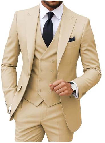 MoranX Men's Suits Regular Fit 3 Pieces Double Breasted Formal Business Tuxedos Blazer Vest Pants for Wedding Grooms(Champagne,XX-Large)