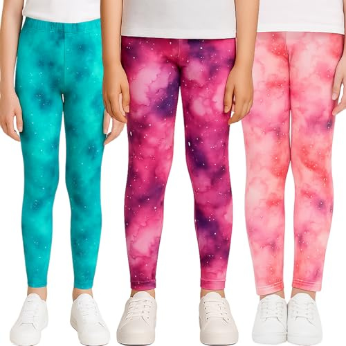 PopCouture Pack of 3 Girls Galaxy Print Full Length Sports Activewear Leggings Purple/Zinc/Pink Zinc 7-8 Years
