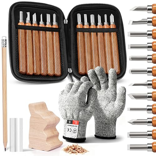 MAIKEHIGH 17pcs Kit de Tallado de Madera, Gubias Para Tallar Madera Para Principiantes Profesionales Bricolaje con Bloque Madera Conejo- Guantes Resistentes Cortes