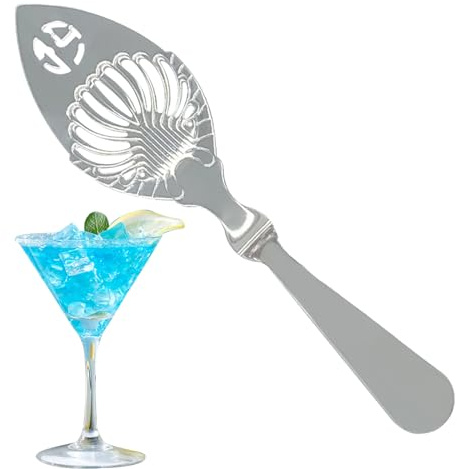 Absinthe sked - 16,2 x 4,1 cm perforerad design av blad i rostfritt stål, stort vintage träfilter droppare | Rituell sockerkub upplösare för Absinthe Fountain Cocktail Bar