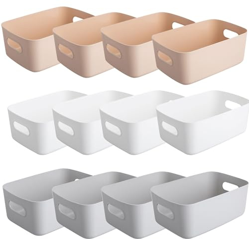 12 Pcs Plastic Storage Boxes with Handles, 3 Color Stackable Storage Basket | Cupboard Storage Organiser for Shelves, Kitchen, Office, Fridge, Bathroom and Home, 20x14x7 cm