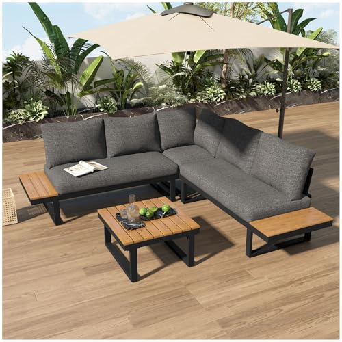 Lekvvied Juego de sofás de jardín de 5 plazas con función de inclinación ajustable (5 posiciones, máx. 55 grados), estructura de acero galvanizado, frontal de plástico efecto teca, con mesa, color