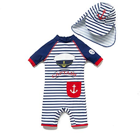 BONVERANO Maillot de Bain bébé garçon Une pièce à Manches Courtes Protection UV 50+ Maillots de Bain avec Fermeture éclair（Bleu-Chapeau，18-24 Months）