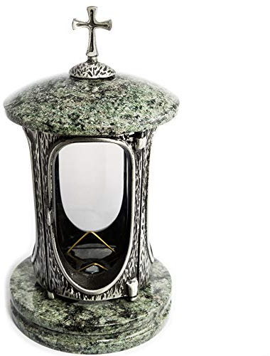 Élégante lanterne funéraire anthracite avec croix en granit et olive, hauteur 27 cm/Ø 15 cm, lanterne funéraire en granit, lanterne en bronze avec socle, décoration funéraire.