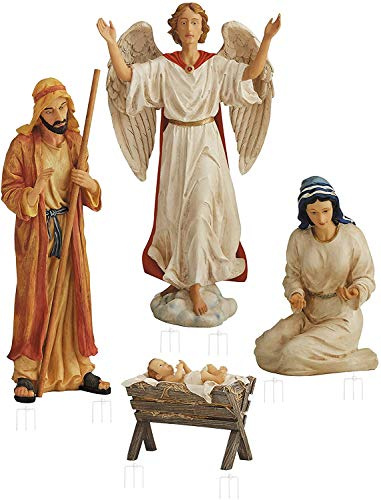 Holy Family Nativity Scene Outdoor Metal 4-Piece Set Includes Baby Jesus, Joseph, Mary & Angel. Large 45 Figures, Durable Anti-Rust, Flat All Metal with Sturdy 3-Prong Stakes
