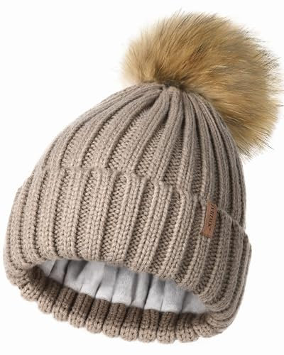 FURTALK Wintermütze warme Strickmütze Damen Mütze mit Kunstpelz Bommel,Rauchgrau,Einheitsgröße