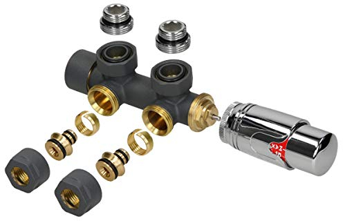 ECD Germany Set di Collegamento a Parete con Termostato per Radiatori - Antracite - 50 mm - Universale - Set di Connessione Scaldasalviette Valvola Blocco Rubinetto Sistema di Riscaldamento