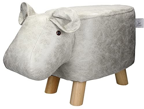 WOMO-DESIGN Tierhocker für Kinder Nilpferd, 65 x 31 x 37 cm, Kunstleder, Weiß-Grau, Massivholzbeine, Kinderhocker gepolstert Tier-Design Sitzbank Sitzhocker Polsterhocker Fußbank Fußhocker Dekohocker