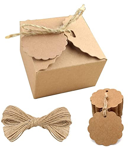 Fictezlove 50 Stück Geschenkbox Klein, Geschenkschachtel Klein, Kleine Schachteln, Kleine Schachtel mit Juteseilen und 50 Anhängern, für Geburtstagsfeier, Hochzeit, Hochzeitstag, Dekorationen