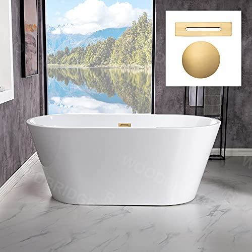 WOODBRIDGE 54 Acrylic Freestanding Bathtub Contemporary Soaking White Tub with Brushed Gold Overflow and Drain，BTA1702-BG