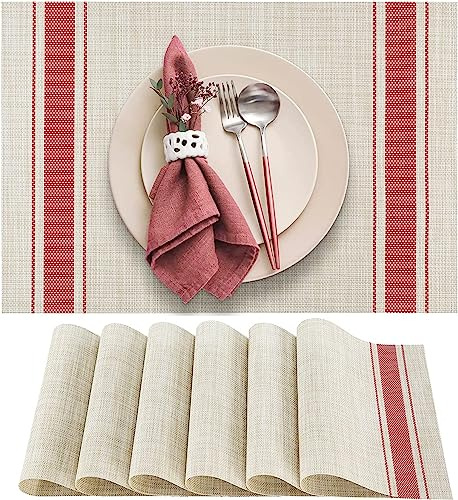 WUBAYI Juego de 6 manteles individuales resistentes al calor, resistentes a las manchas, antideslizantes, con aislamiento de vinilo, lavables, duraderos, elegantes manteles para comedor (beige rojo)