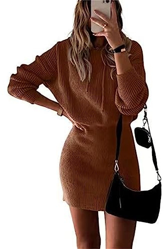 ORANDESIGNE Vestito con Cappuccio Casual Donna in Maglione per Inverno Abito Elegante all'Anca Avvolta Lavorato Felpa Tubino Aderente Abito Mini A Marrone Scuro XS