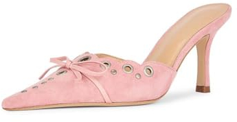 keleimusi Halbhoher Absatz zum Reinschlüpfen aus Wildleder, mit Nieten, Schleife, Pantoletten, Sandalen mit spitzem Zehenbereich für Damen, hellrosa, 37.5 EU