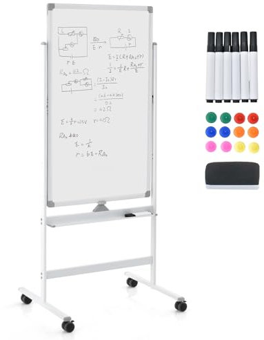 GOPLUS Tableau Blanc Effacable 2 Face 60 x 100 CM avec Hauteur Réglable 156-184 CM, Tableau Blanc Magnetique sur Pieds Rotatif à 360° avec 4 Roue, 1 Effaceur, 12 Aimant, 6 Marqueur, Idéal pour École