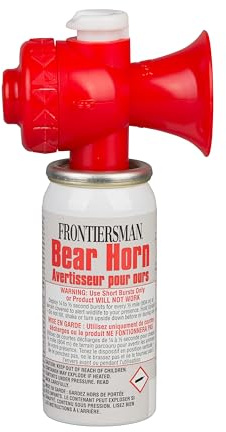 SABRE Frontiersman Bear Horn, 130dB Audible Up to 0.5 Miles, Nonflammable & Eco-Friendly, On/Off Lock Prevents False Alarms, 60 ¼-Second Blasts, Bear Spray Companion, Designed & Assembled in USA