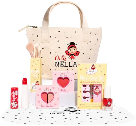 Miss Nella Set di trucchi e smalti per bambini per bambine, ipoallergenico, dermatologicamente testato, non tossico, borsa cosmetica in tela, sicura e divertente (plettri glamour)