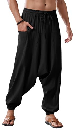 Runcati Pantalones harén de algodón para hombre, holgados, hippie, informales, de lino, para yoga, playa, entrepierna, Negro , XXL