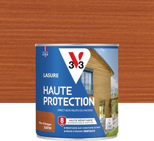 V33 Lasure Bois extérieur Pin d'orégon satin - Haute Protection 8 ans - Haute résistance hydrofuge et anti-UV - Résiste aux variations du bois - Ecolabel, résine d'origine végétale - 0,75L