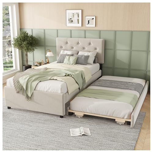Wyibwy Letto imbottito, 90x200cm, letto con rete a doghe (senza materasso), letto con letto a scomparsa, con letto estraibile， velluto, minimalista (beige)