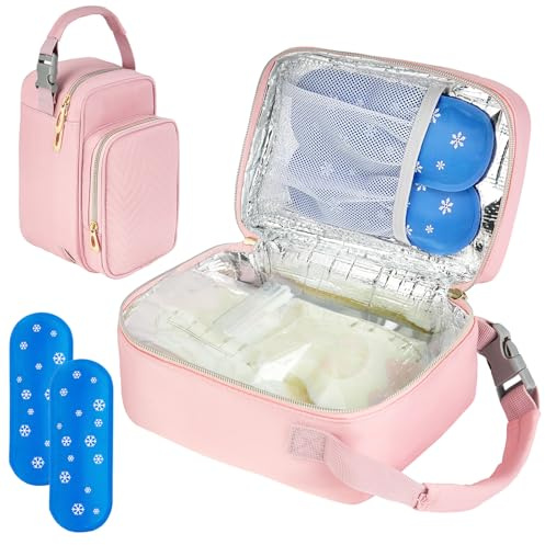 Breastmilk Cooler Travel Bag with Ice Pack,Portable Breastmilk Cooler Bag with Buckle Handle,Insulated Breastmilk Storage Bag Cooler,Pink