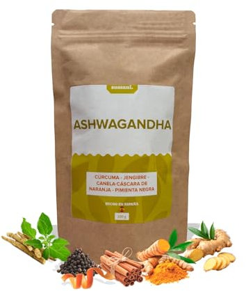 Infusión Ashwagandha Cúrcuma Jengibre Canela Pimienta Negra y Cáscara de Naranja. Alivio del Estrés, Energía Natural, Ayuda a Dormir, Mejora Estado de Ánimo, Propiedades Antiinflamatorias