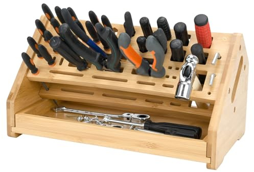 Bamboo Screwdriver Organizer and Tool Holder, Rust and Corrosion Resistant Desktop Storage Rack for Workbench, Garage, Workshop, and Home Use