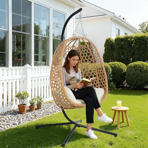 EortheX Hanging Egg Chair with Cushions – Comfortable Rattan Swing Chair with Stand for Patio, Garden, or Balcony – Stylish and Relaxing Outdoor Lounge Chair, 350LBS Capacity Indoor Outdoor (Beige)