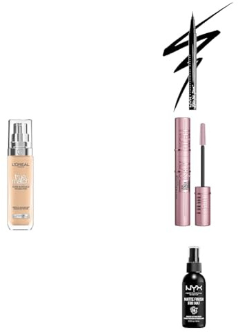 L’Oréal Paris Make-Up Must-Haves Set: L’Oréal Paris True Match Foundation, NYX Professional Makeup Epic Ink Eyeliner, Maybelline Sky High Mascara (Doppelpack) und NYX Professional Makeup Setting Spray