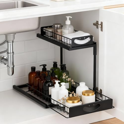 MICHIHOMIE Scaffale in metallo sotto il lavandino, 2 ripiani organizer per mobile sotto lavello estraibile organizer per mobile sotto lavello, organizer per armadio da cucina con cassetto