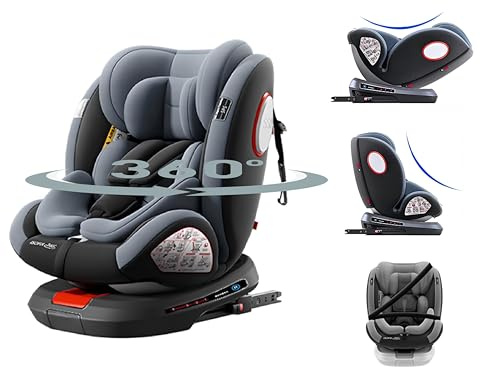 Aveainelle Silla de Auto Giratoria de 360° con Reposacabezas Ajustable, Asiento de Bebé Ajustable Multifunción, Funda de Tela Extraíble para El Asiento (Grey)