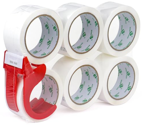 BOMEI PACK White Packing Tape 6Rolls 48mm x 66m with dispenser Durable Heavy Duty Packaging tape for Shipping Moving Boxes&Office Use -Strong Adheisve Parcel Tape for Cartons Mailing&Storage
