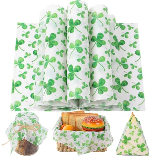 150 Sheets Shamrock Wax Paper for Food Deli, 9.8 x 8.3 inch Watercolor Seamless Clover Patterns Greaseproof Deli Sheets for Sandwich Picnic Basket Liner Irish Party Supplies (A)