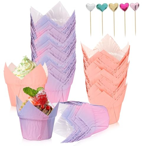 Megcdtr Muffinsformar I Papper, Tulpanformade Cupcake-formar Med 50 Dekorationer, Gradient Lila Och Rosa, För Födelsedag Och Bröllop, 100 Stycken