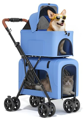 Magshion Foldable Double Pet Stroller for 2 Small & Medium Dogs and Cats, Detachable Top & Bottom Carriers, Breathable Mesh, One-Click Fold, Cat Stroller with No Zip Entry