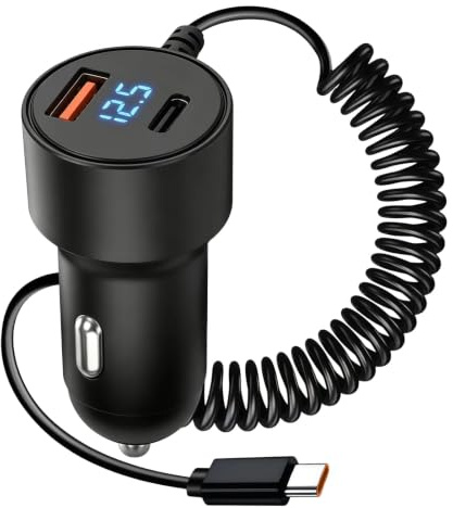 Cargador Coche USB C 100W PD QC3.0 con Cable Espiral 1,5M