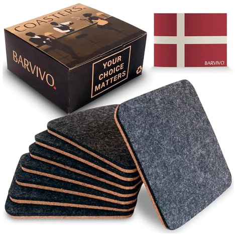 Barvivo Classic Felt Coasters for Drinks - Set of 8 Cork Coasters with Felt Side for Indoor and Outdoor Tabletop Protection, Anti Slip, Absorbent, Suitable for Drinks & All Table Types - Black Design
