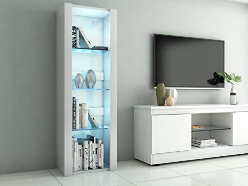 Panana High Gloss Tall Display Cabinet Wood Cupboard Sideboard Free Standing Storage Unit with Glass Shelves RGB LED Lights Living Room (White)