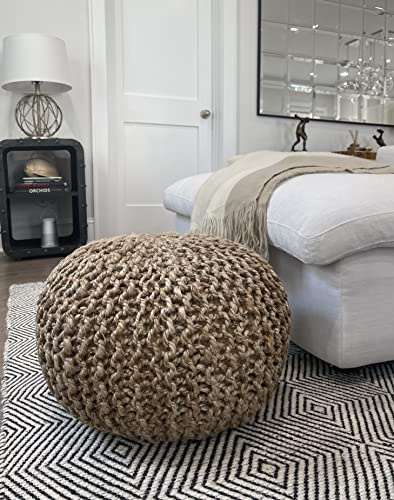S & L Homes Pouf Ottoman - 100% Natural Jute Braided- Footrest Pouf Hand Knitted - Traditional Cord Boho Pouffe - for The Living Room, Bedroom, Nursery, Patio, Lounge (20 x 20 x 14)