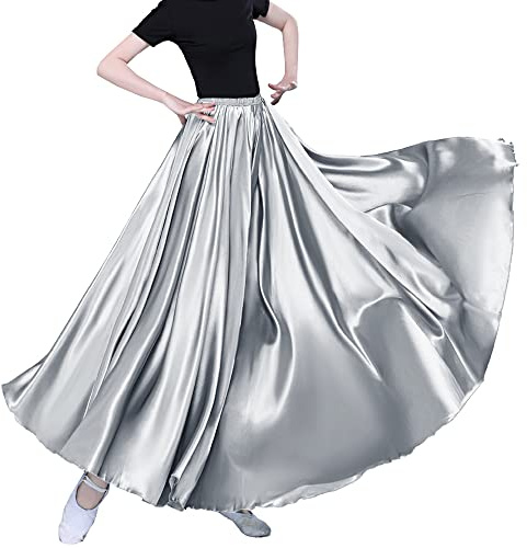 Dam lång tyll retro maxi te ankel längd blank kjol för magdans dans kostym cosplay semester helg fest middag, SILVER, one size