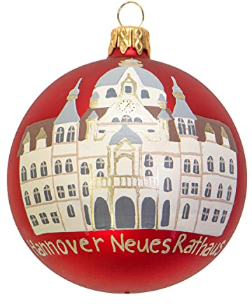 mgc24 Weihnachtskugel Christbaumkugel Baumschmuck Glas handbemalt Ø 8cm - Motiv Hannover Neues Rathaus, rot