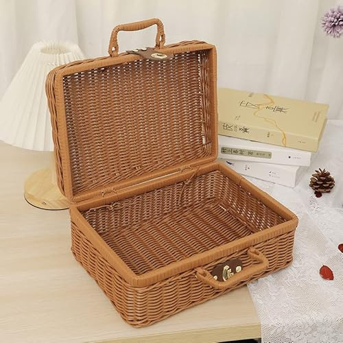 Restokki Cesto portaoggetti intrecciato, Panier Osier Cesto in vimini con coperchio Cestino in rattan per scatola da picnic intrecciata all'aperto(L-Colori primari)