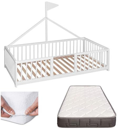 Cama Montessori 140 × 70 cm de Madera de Haya, Incluye colchón Morfeo y Funda Impermeable, Modelo Apache Wonderland, Color Blanco CoolDreams