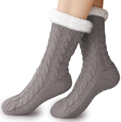 Effeet Warme Kuschelsocken Stoppersocken für Damen, Flauschige Dicke Antirutschsocken, Geschenke für Frauen Winter Weihnachtssocken Hüttensocken Damen 36-42 Grey