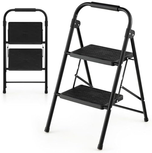 HOMFME 2 Step Ladder, 265kg Capacity Folding Metal Step Tool with Anti-Slip Pedals, Safety Lock, Handrail, Lightweight Portable Tread Stepladder for Household Garage Shop