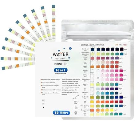 50 Tiras Reactivas para Agua Potable 16 en 1, Prueba de Dureza y Calidad del Agua, Test de pH, Cloro, Plomo, Nitrato y Más, Fácil de Usar en Casa