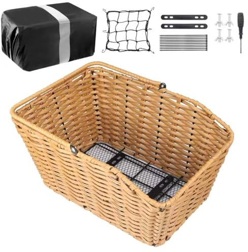 ZUKKA Panier de vélo arrière tissé Panier de vélo arrière amovible Panier de rangement pour rack arrière Types de vélos (bois avec filet étanche et filet à bagages)