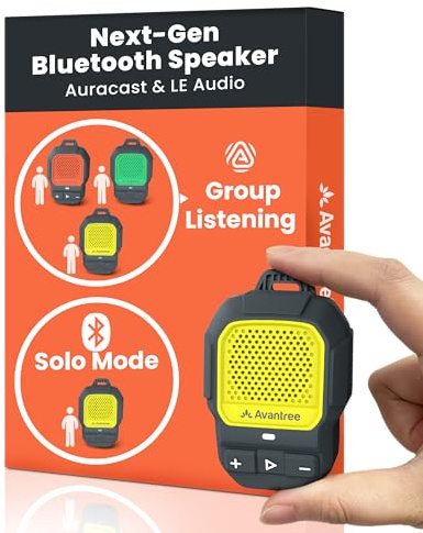 Avantree HomeBuddy – Bärbar mini Bluetooth-högtalare med Auracast, 15 timmars uppspelning och IP67-vattentät, clip-on bärbart ljud för musik och samtal, för inomhus och utomhusbruk - Gul
